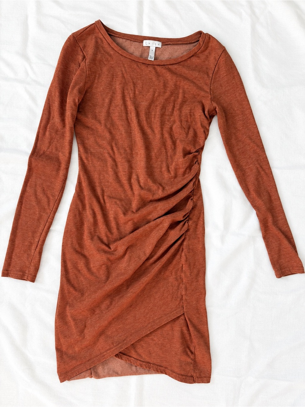 Leith Rust Orange Ruched Wrap Long Sleeve Bodycon Dress Size Small
